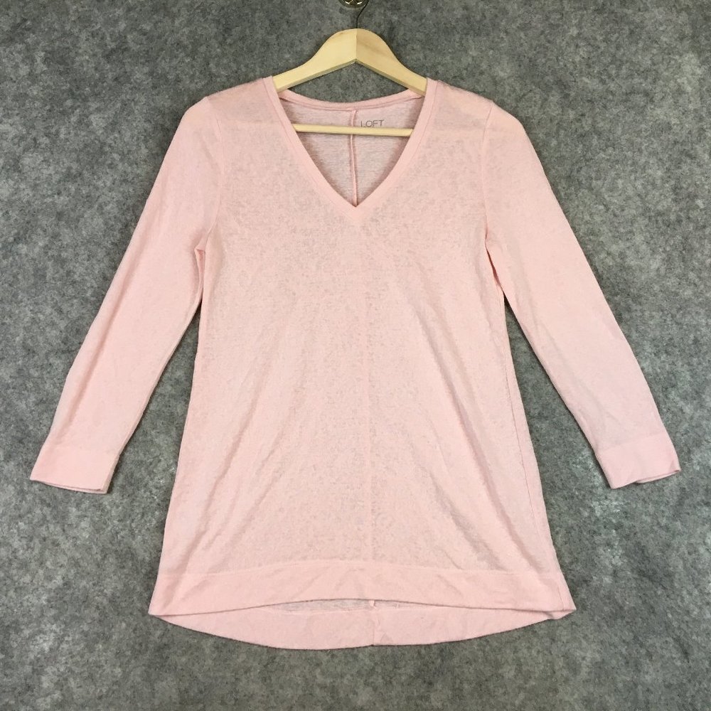 LOFT Sweater XS Solid Pink V Neck Slub Knit Semi Sheer Career Casual 7/8 Sleeve